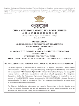 CHINA KINGSTONE MINING HOLDINGS LIMITED 中 國 金 石 礦 業 控 股 有 限 公 司 (Incorporated in the Cayman Islands with Limited Liability) (Stock Code: 1380)