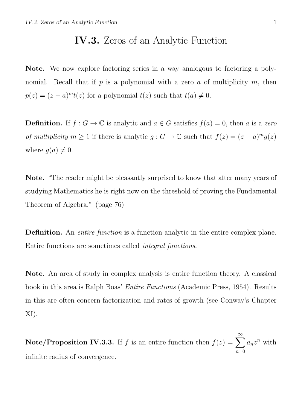 IV.3. Zeros of an Analytic Function 1 IV.3