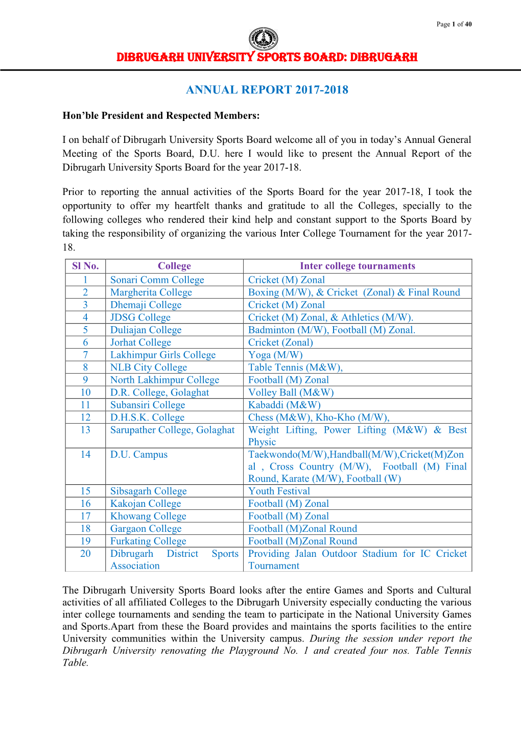 Annual Report of Sports Board, 2017-2018