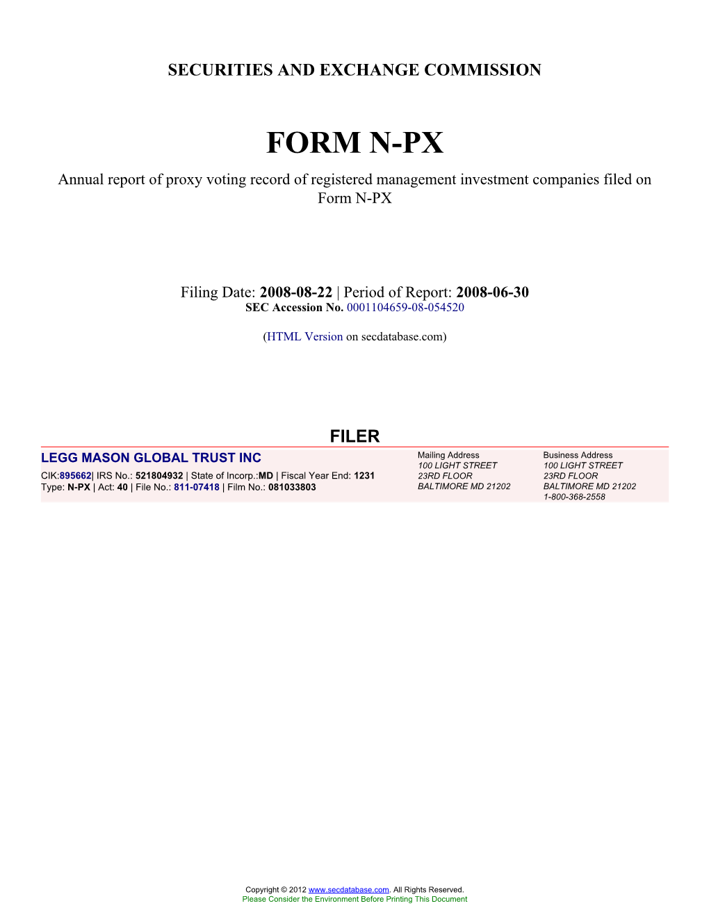 LEGG MASON GLOBAL TRUST INC (Form: N-PX, Filing Date: 08/22/2008)