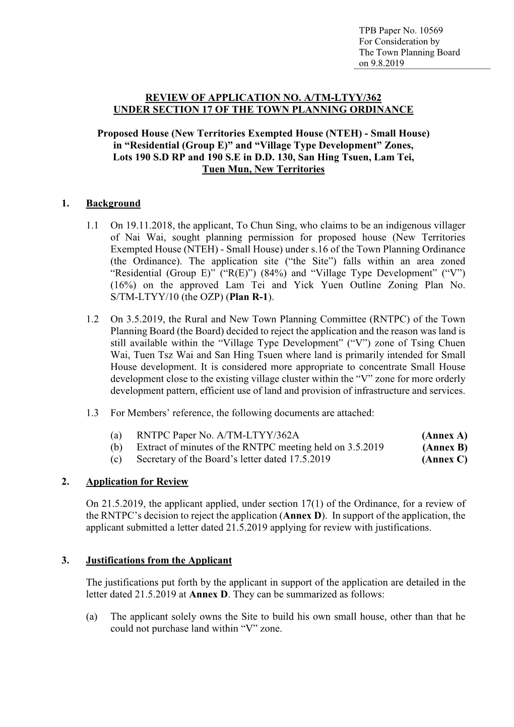 Review of Application No. A/Tm-Ltyy/362 Under Section 17 of the Town Planning Ordinance