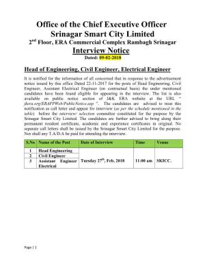 Office of the Chief Executive Officer Srinagar Smart City Limited Nd 2 Floor, ERA Commercial Complex Rambagh Srinagar Interview Notice Dated: 09-02-2018
