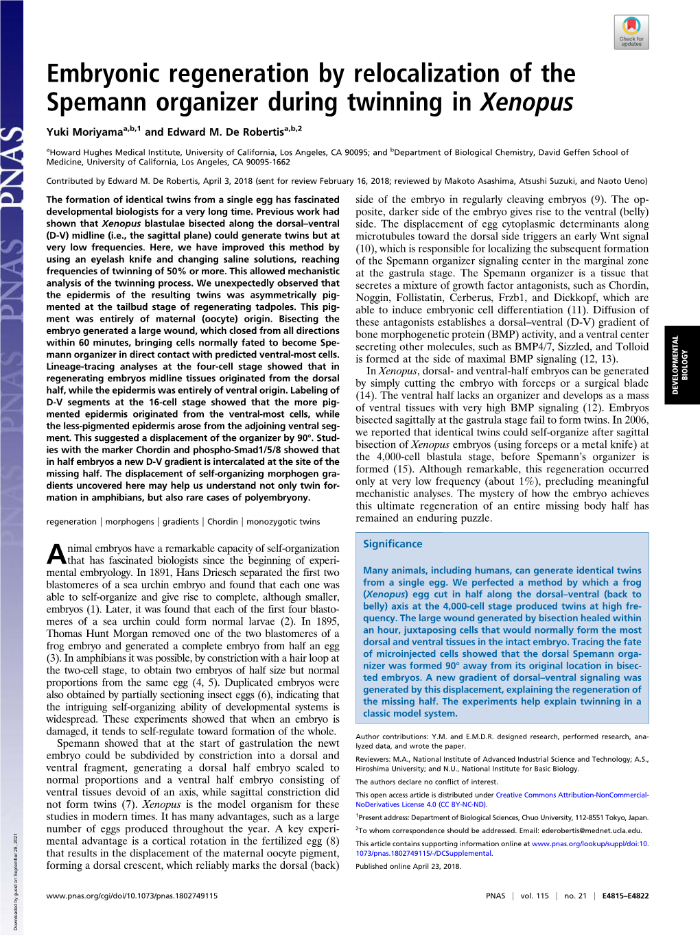 Embryonic Regeneration by Relocalization of the Spemann