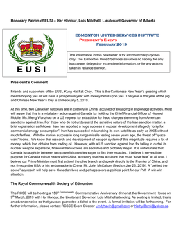 Honorary Patron of EUSI – Her Honour, Lois Mitchell, Lieutenant Governor of Alberta President's Enews President's Comment