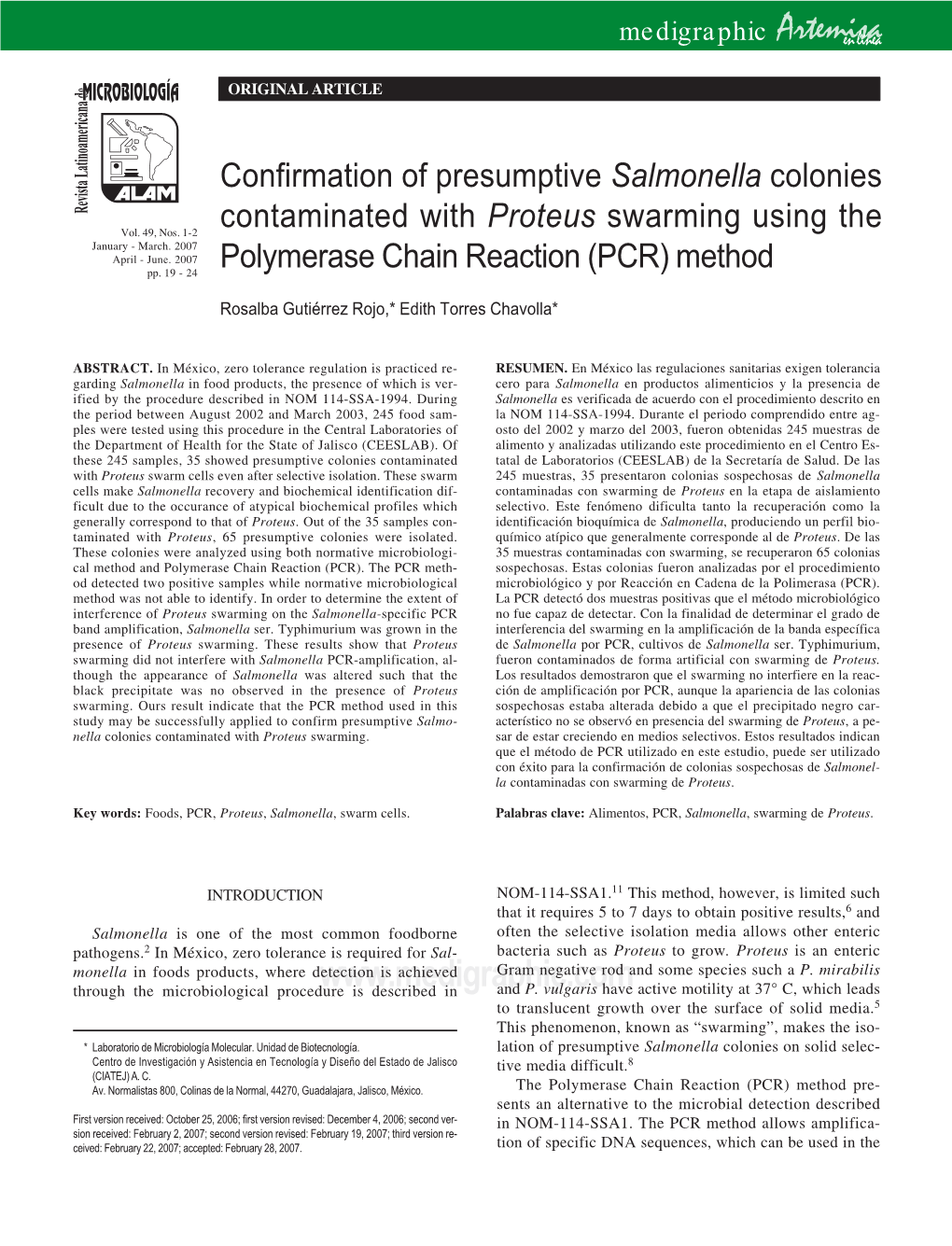 Confirmation of Presumptive Salmonella Colonies Contaminated