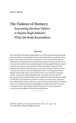 The Violence of Memory: Renarrating Partition Violence in Shauna Singh Baldwin’S What the Body Remembers