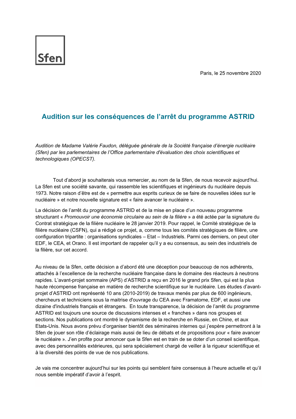 Audition Sur Les Conséquences De L'arrêt Du Programme ASTRID