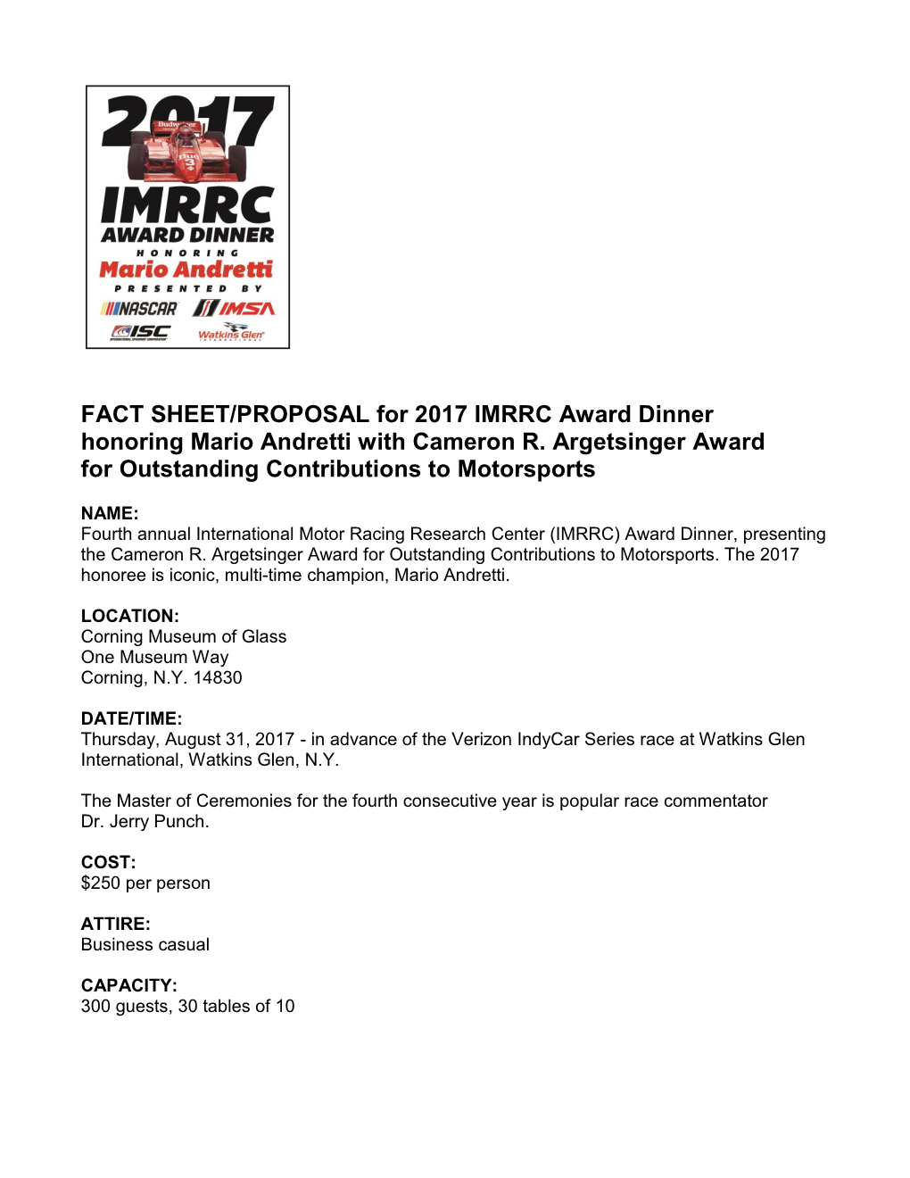 FACT SHEET/PROPOSAL for 2017 IMRRC Award Dinner Honoring Mario Andretti with Cameron R