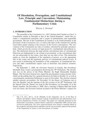 Of Dissolution, Prorogation, and Constitutional Law, Principle and Convention: Maintaining Fundamental Distinctions During a Parliamentary Crisis