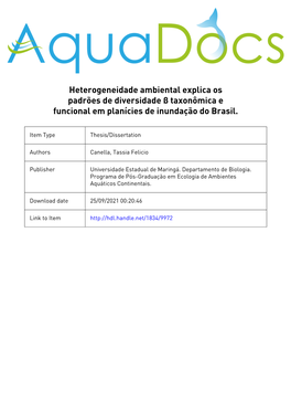 Heterogeneidade Ambiental Explica Os Padrões De Diversidade Β Taxonômica E Funcional Em Planícies De Inundação Do Brasil