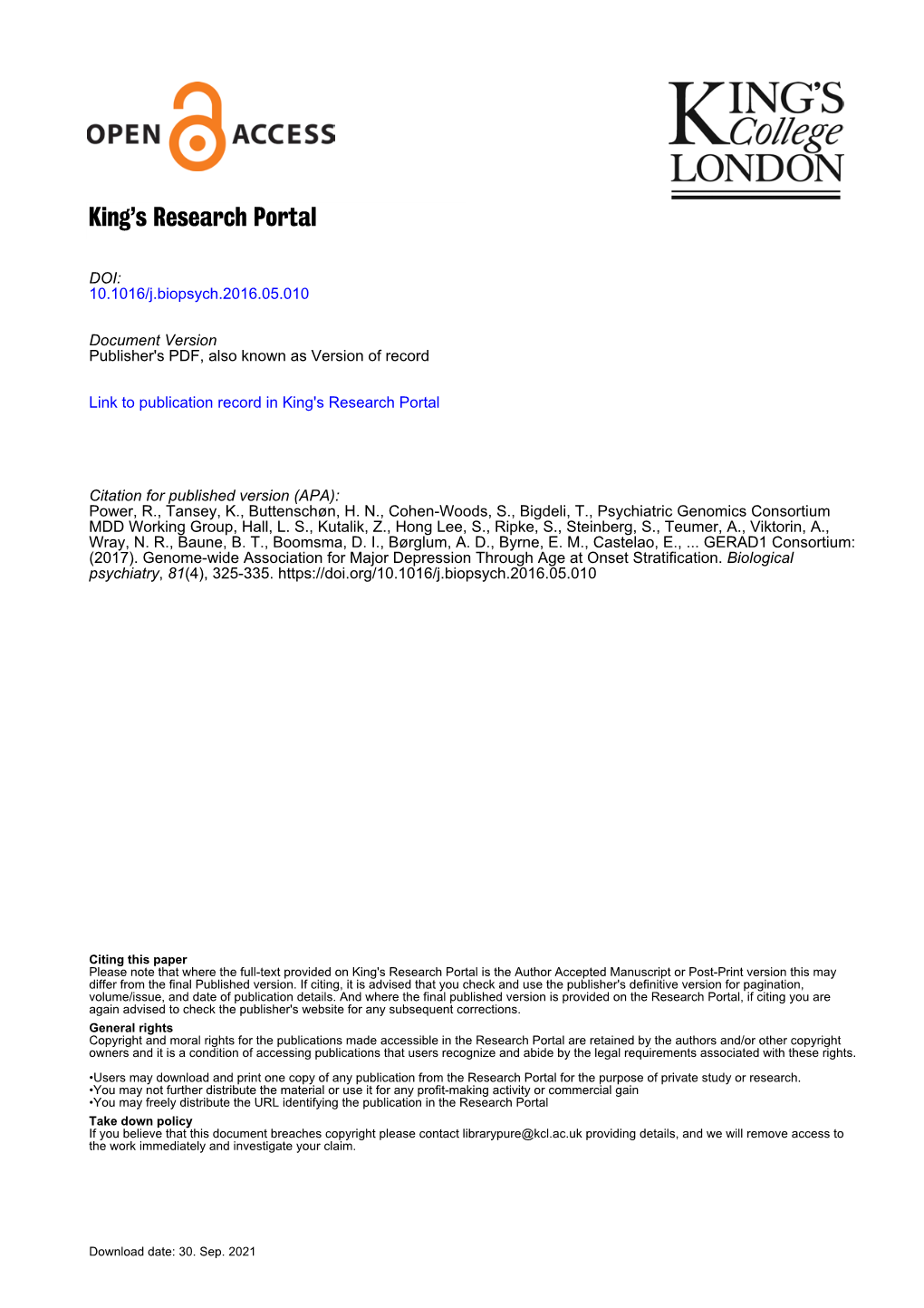 Genome-Wide Association for Major Depression Through Age at Onset Stratification Major Depressive Disorder Working Group Of