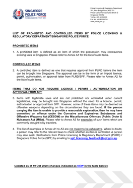 List of Prohibited and Controlled Items by Police Licensing & Regulatory Department/Singapore Police Force