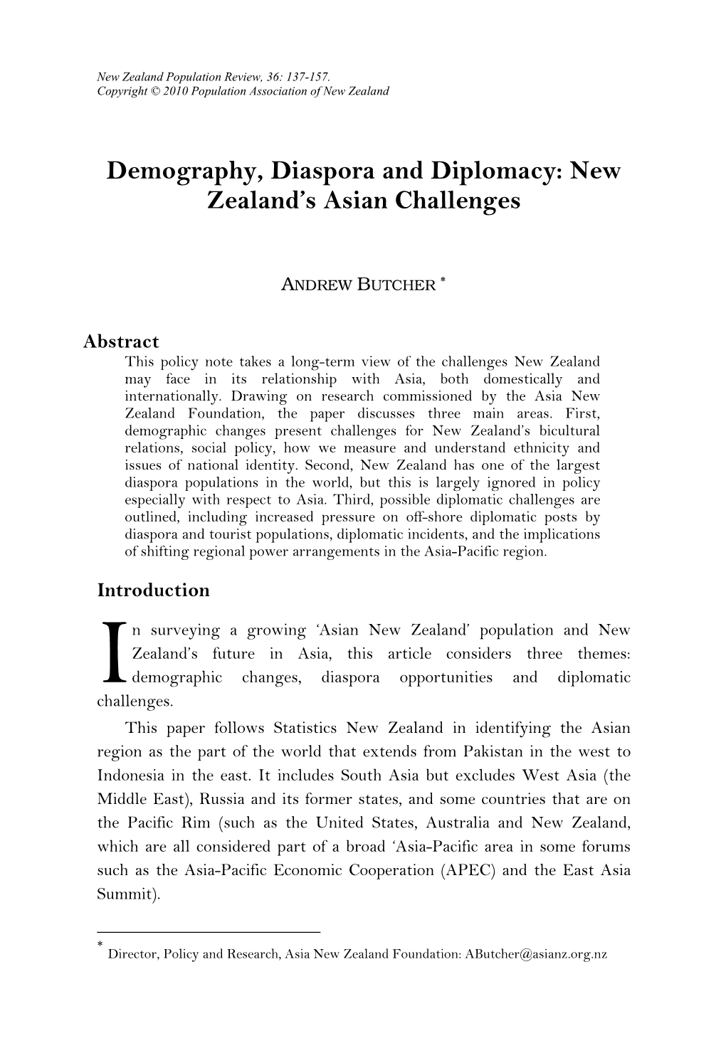 Demography, Diaspora and Diplomacy: New Zealand's Asian