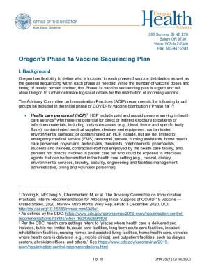 Oregon's Phase 1A COVID-19 Vaccine Plan and Recommended Sequencing