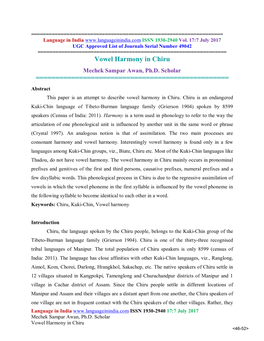 Vowel Harmony in Chiru Mechek Sampar Awan, Ph.D