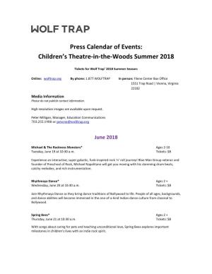 Press Calendar of Events: Children's Theatre-In-The-Woods Summer 2018