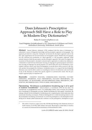 Does Johnson's Prescriptive Approach Still Have a Role to Play * in Modern-Day Dictionaries? Rufus H