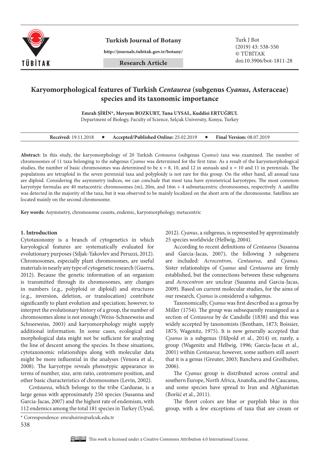 Karyomorphological Features of Turkish Centaurea (Subgenus Cyanus, Asteraceae) Species and Its Taxonomic Importance