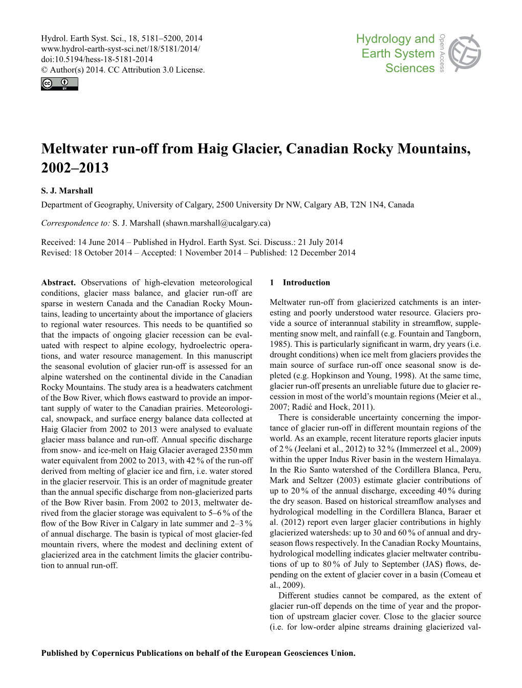 Meltwater Run-Off from Haig Glacier, Canadian Rocky Mountains, 2002–2013