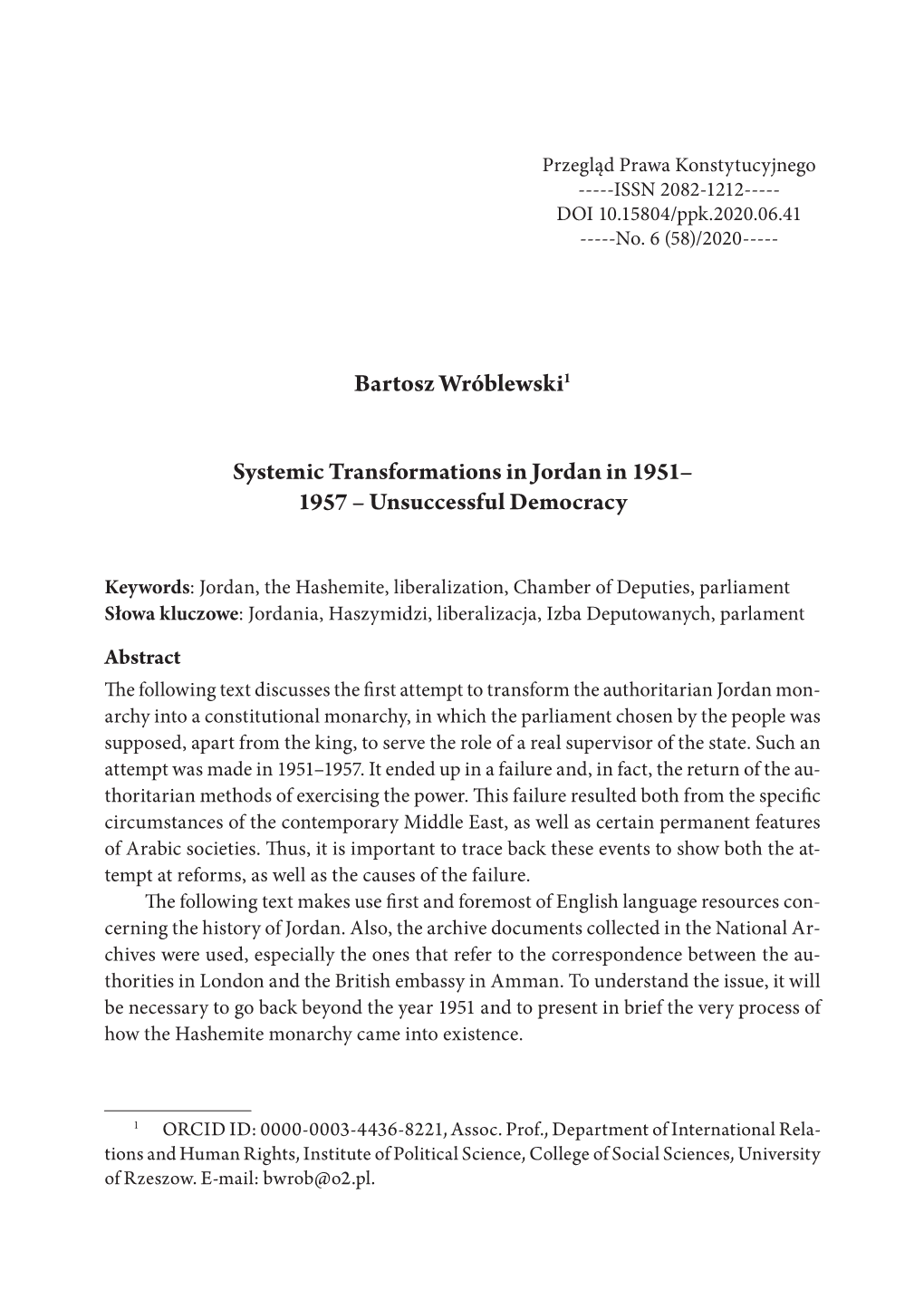 Bartosz Wróblewski1 Systemic Transformations in Jordan in 1951