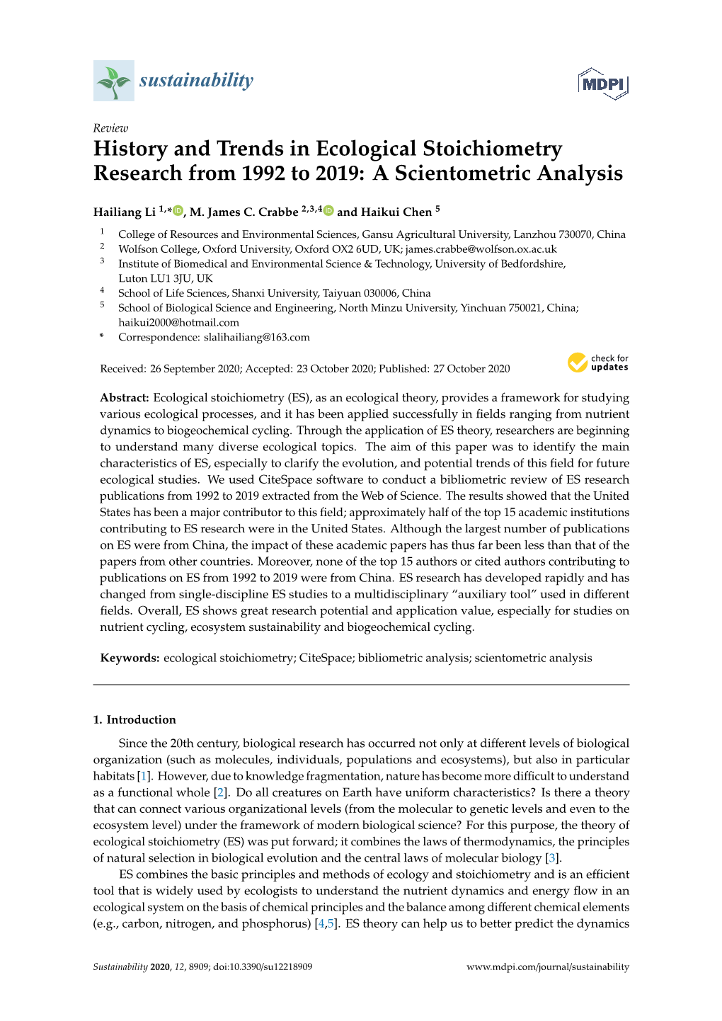 History and Trends in Ecological Stoichiometry Research from 1992 to 2019: a Scientometric Analysis