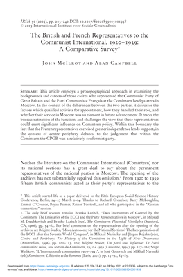 The British and French Representatives to the Communist International, 1920–1939: a Comparative Surveyã