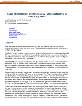 Settlement and Land Use by Fulani Pastoralists in Case Study Areas