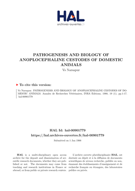 PATHOGENESIS and BIOLOGY of ANOPLOCEPHALINE CESTODES of DOMESTIC ANIMALS Vs Narsapur