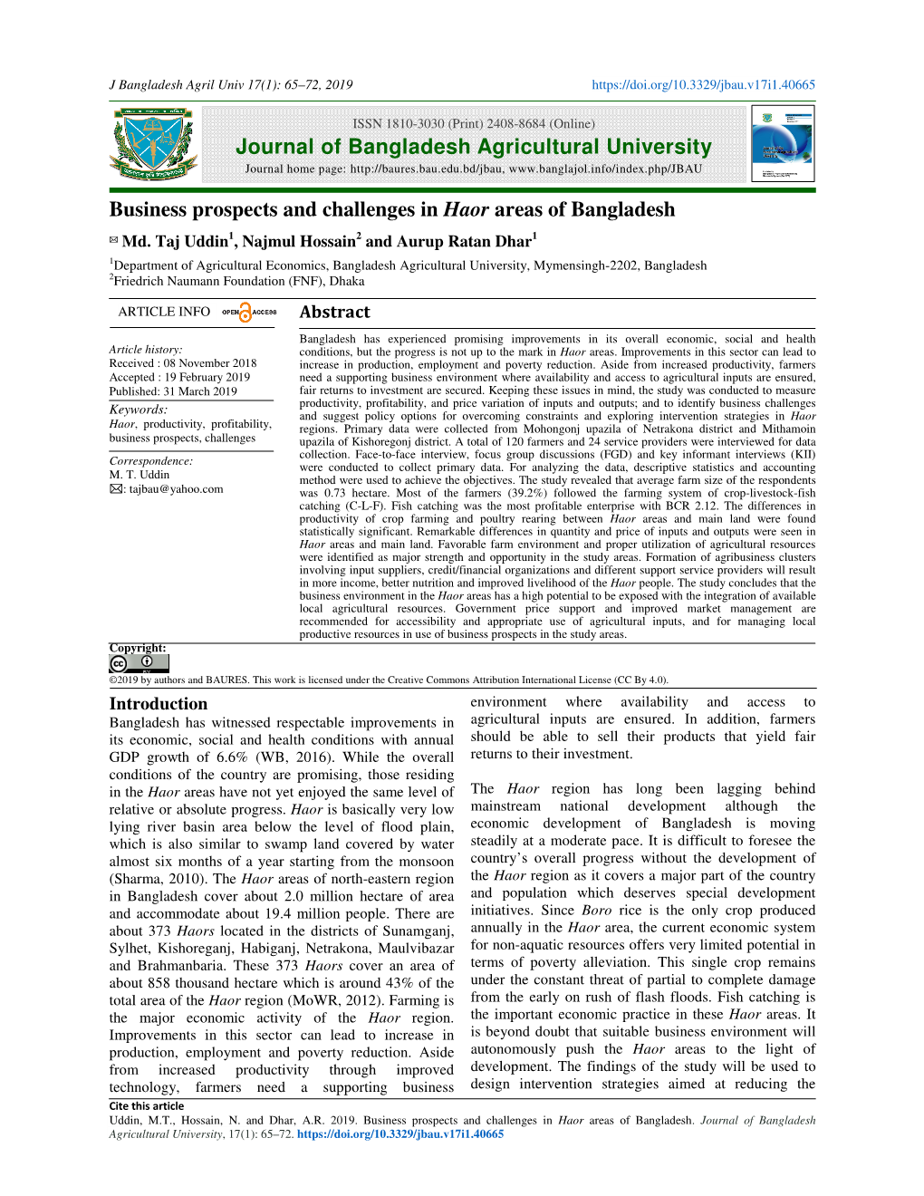 Business Prospects and Challenges in Haor Areas of Bangladesh