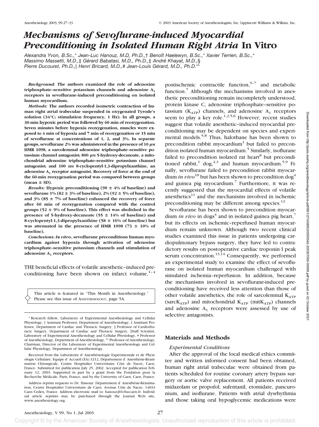 Mechanisms of Sevoflurane-Induced Myocardial Preconditioning In