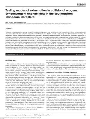 RESEARCH Testing Modes of Exhumation in Collisional Orogens: Synconvergent Channel Flow in the Southeastern Canadian Cordillera