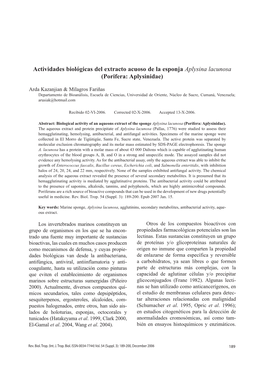 Actividades Biológicas Del Extracto Acuoso De La Esponja Aplysina Lacunosa (Porifera: Aplysinidae)