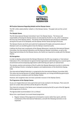 INF Position Statement Regarding Netball and the Olympic Games the INF Is Often Asked Whether Netball Is in the Olympic Games