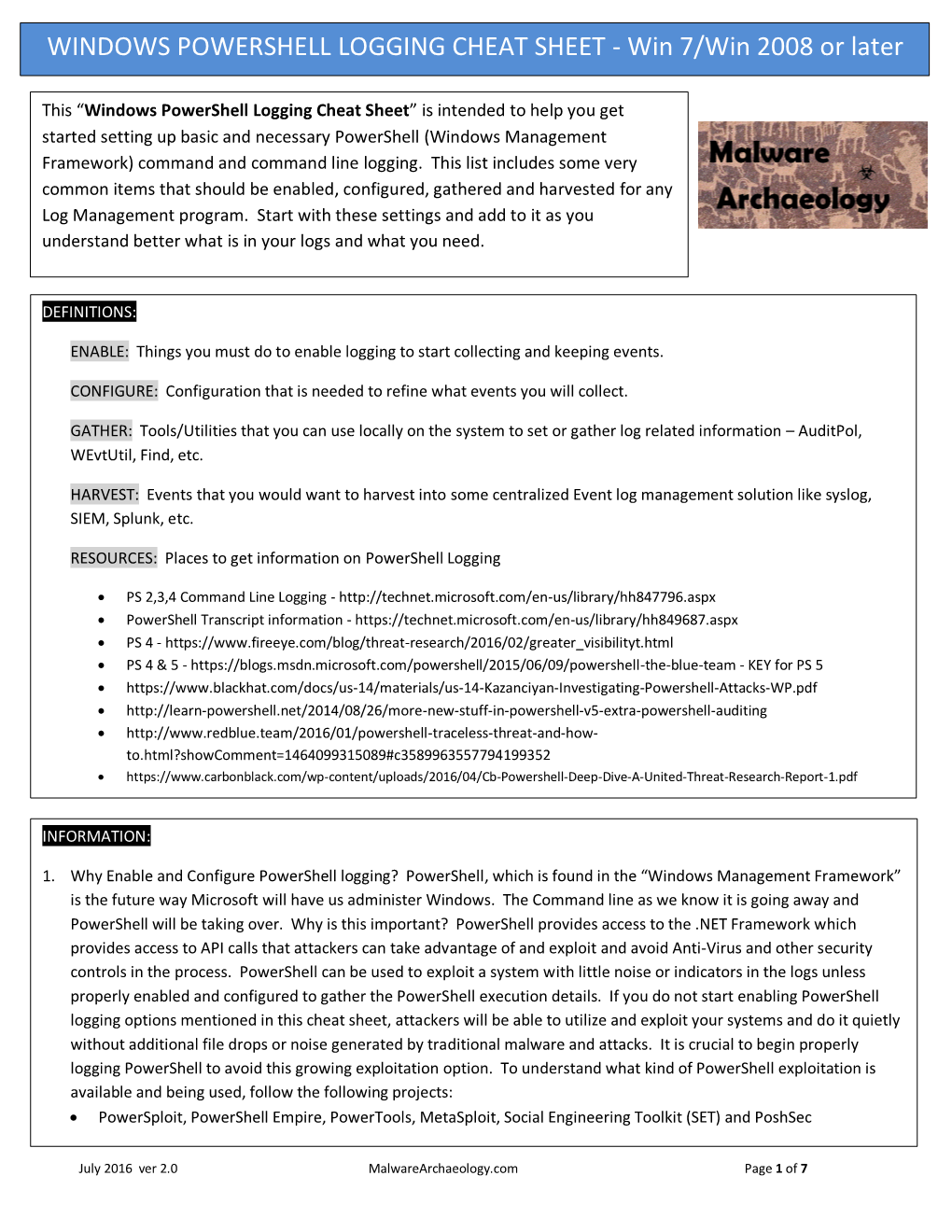 WINDOWS POWERSHELL LOGGING CHEAT SHEET - Win 7/Win 2008 Or Later