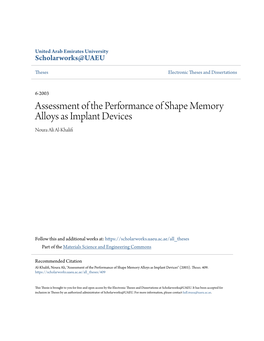 Assessment of the Performance of Shape Memory Alloys As Implant Devices Noura Ali Al-Khalifi