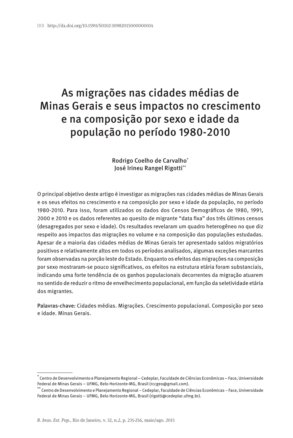 As Migrações Nas Cidades Médias De Minas Gerais E Seus Impactos No Crescimento E Na Composição Por Sexo E Idade Da População No Período 1980-2010