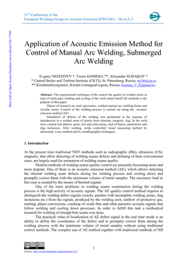 Application of Acoustic Emission Method for Control of Manual Arc Welding, Submerged Arc Welding