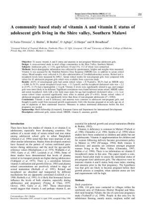 A Community Based Study of Vitamin a and Vitamin E Status of Adolescent Girls Living in the Shire Valley, Southern Malawi