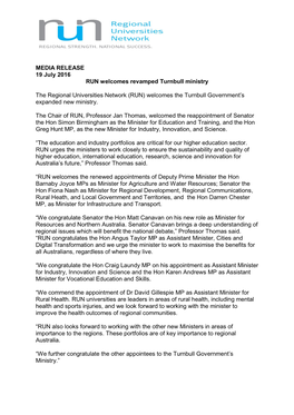MEDIA RELEASE 19 July 2016 RUN Welcomes Revamped Turnbull Ministry