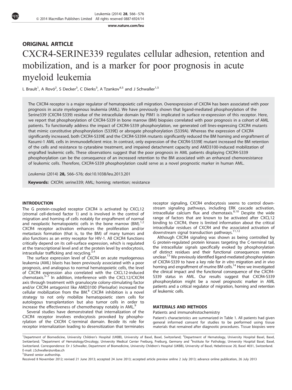 CXCR4-SERINE339 Regulates Cellular Adhesion, Retention and Mobilization, and Is a Marker for Poor Prognosis in Acute Myeloid Leukemia