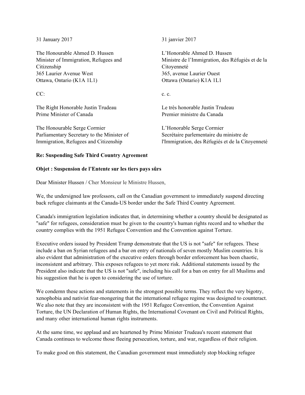 31 January 2017 31 Janvier 2017 the Honourable Ahmed D. Hussen L'honorable Ahmed D. Hussen Minister of Immigration, Refugees