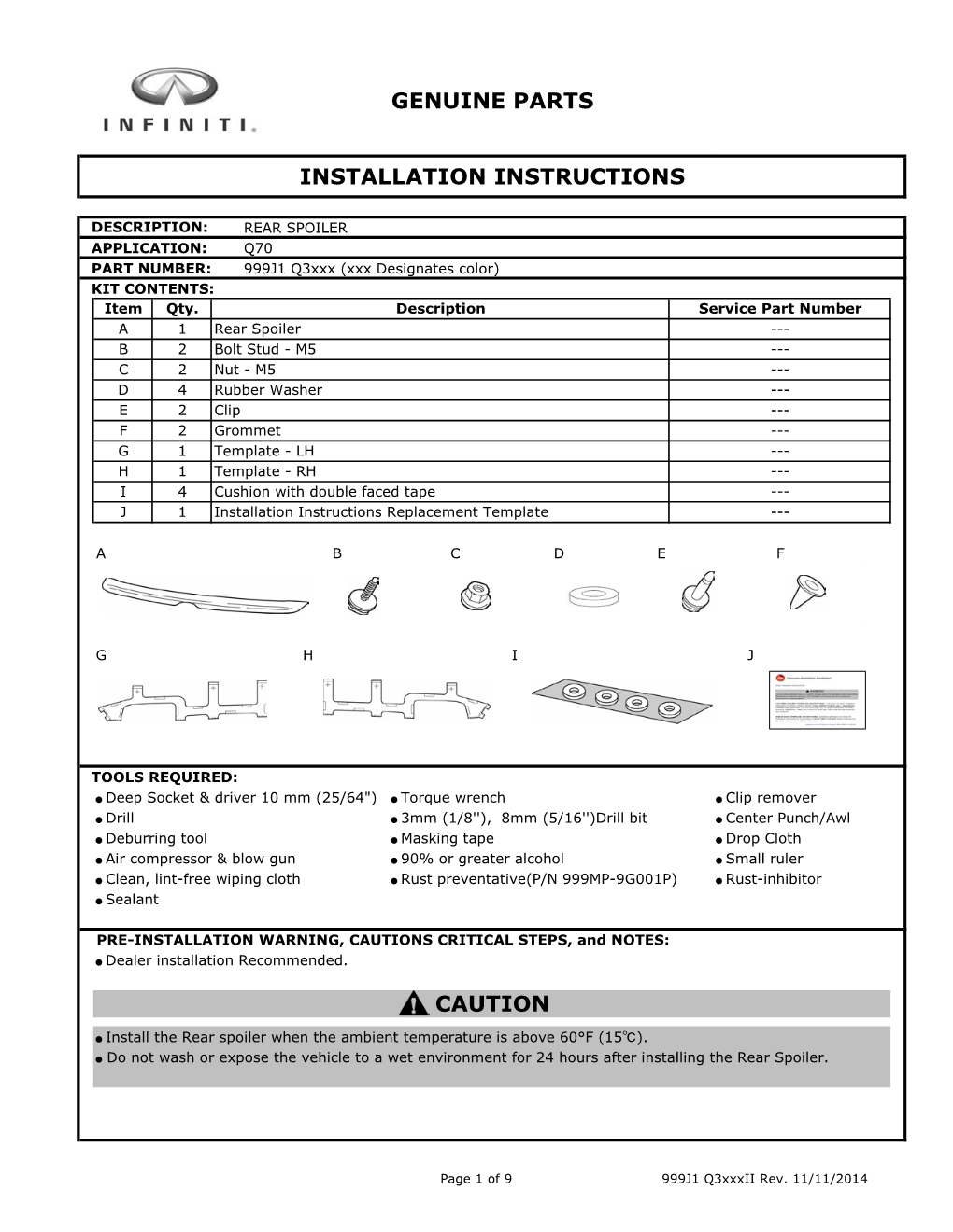 Genuine Parts Installation Instructions Caution