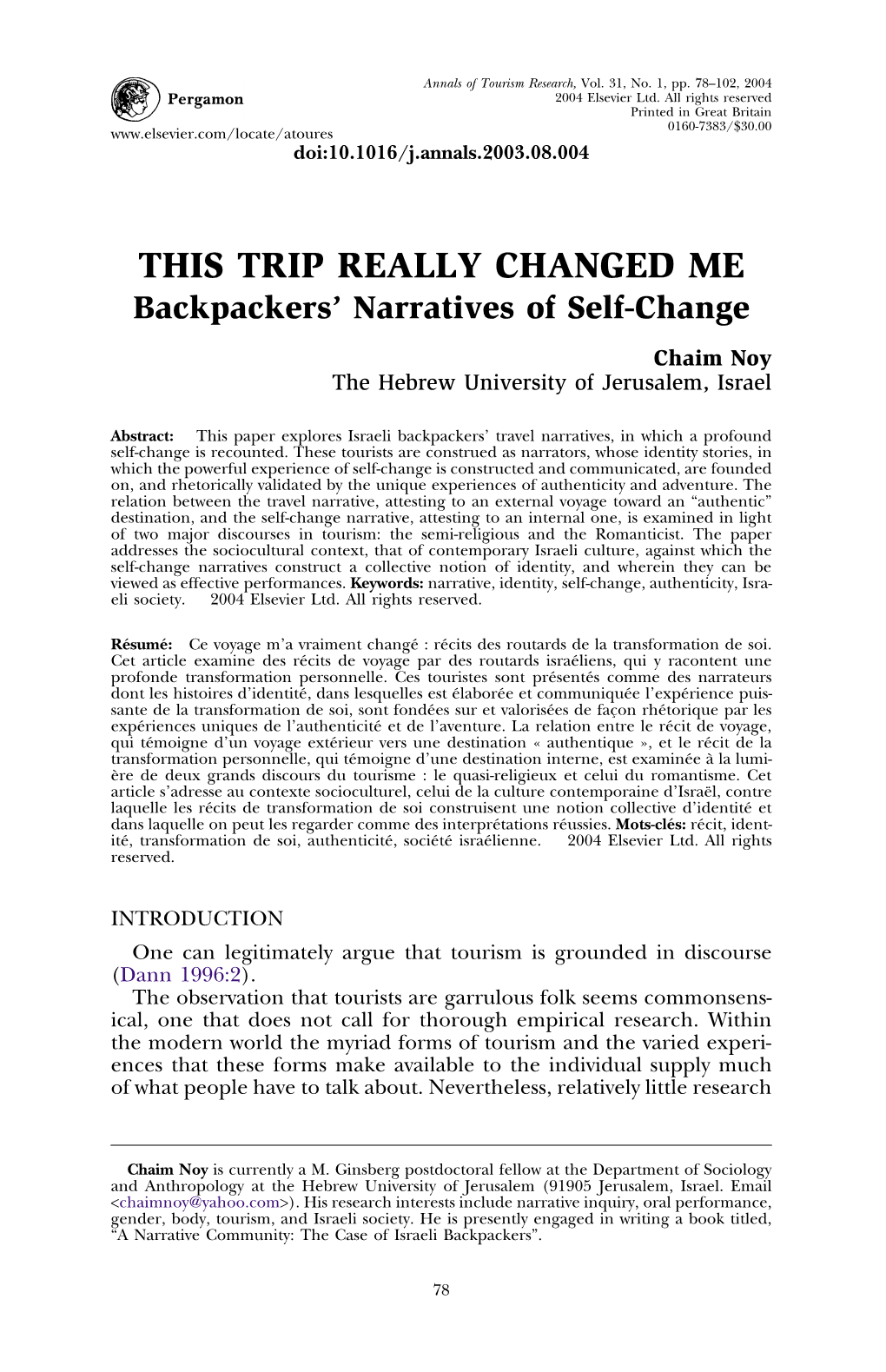 Backpackers' Narratives of Self-Change by Chaim