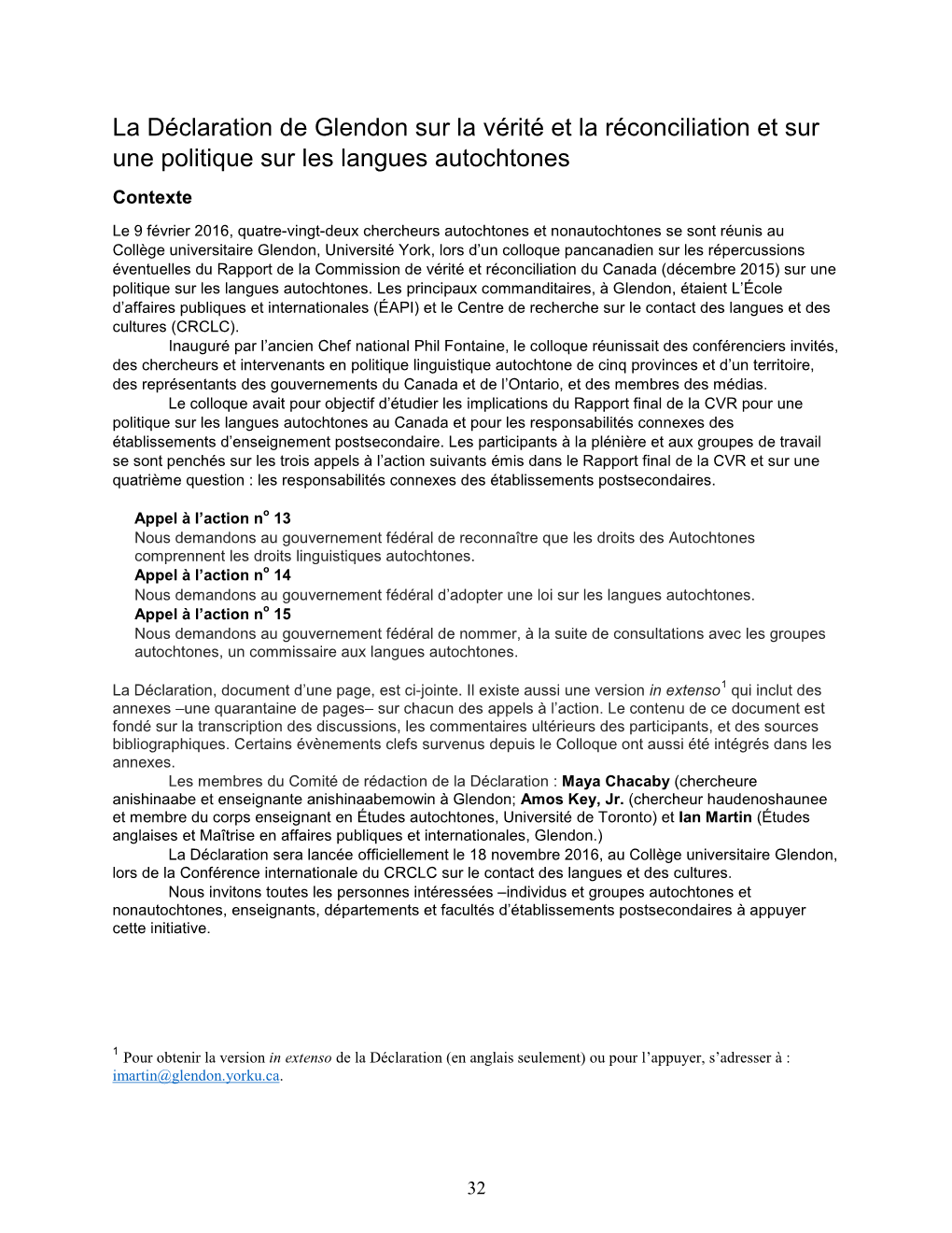 La Déclaration De Glendon Sur La Vérité Et La Réconciliation Et Sur Une