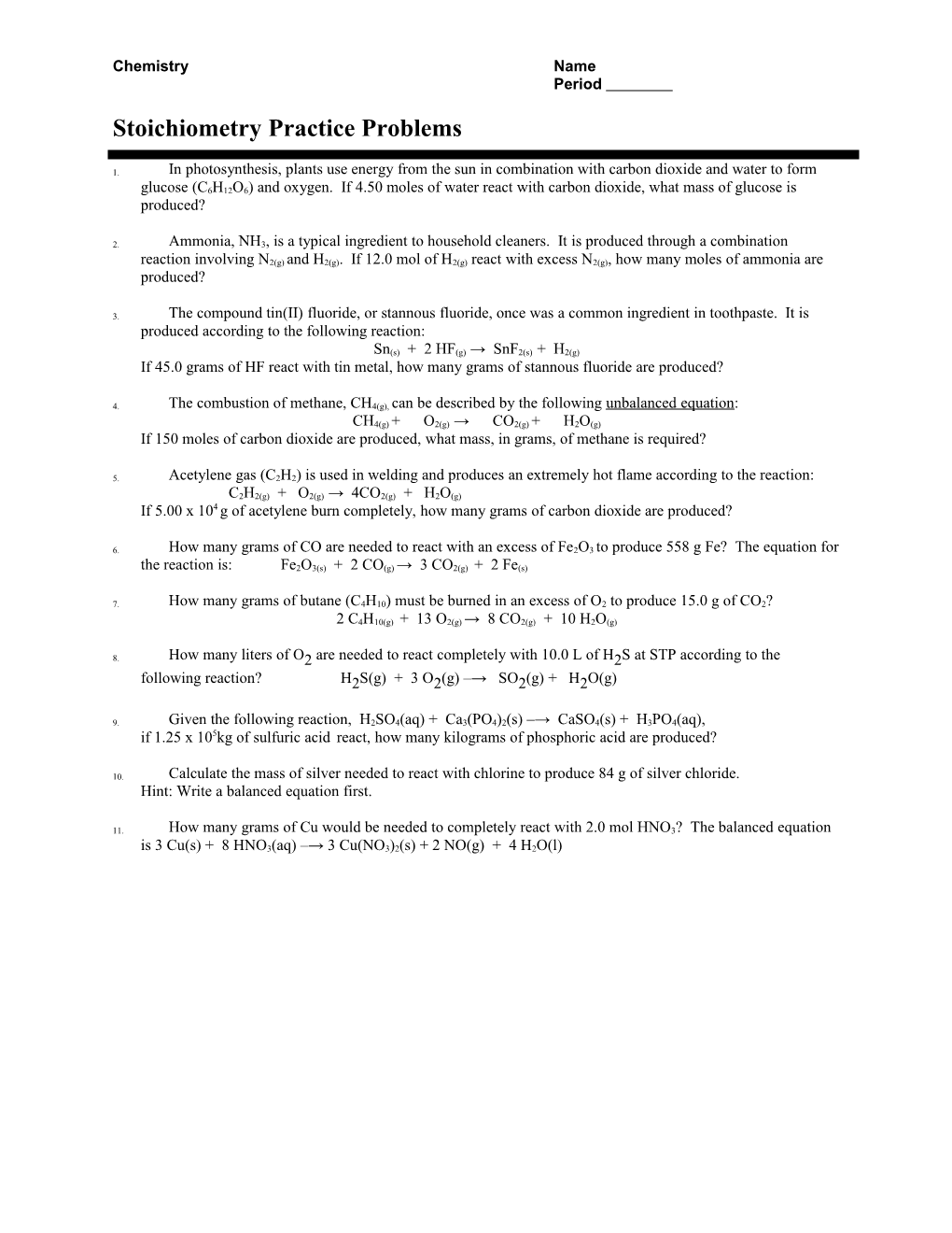 Stoichiometry Practice Problems