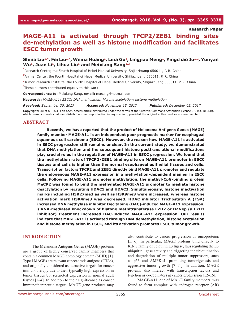 MAGE-A11 Is Activated Through TFCP2/ZEB1 Binding Sites De-Methylation As Well As Histone Modification and Facilitates ESCC Tumor Growth