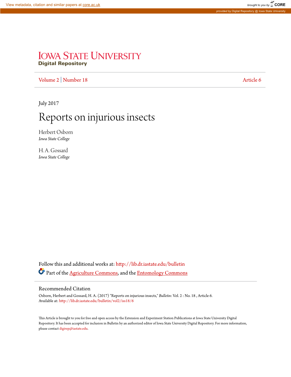 Reports on Injurious Insects Herbert Osborn Iowa State College