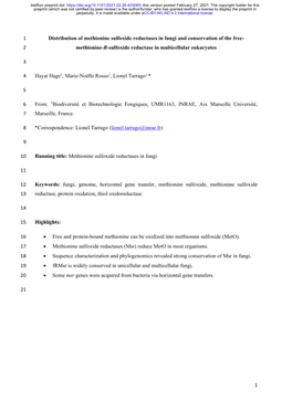 Distribution of Methionine Sulfoxide Reductases in Fungi and Conservation of the Free- 2 Methionine-R-Sulfoxide Reductase in Multicellular Eukaryotes