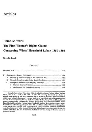 The First Woman's Rights Claims Concerning Wives' Household Labor, 1850-1880