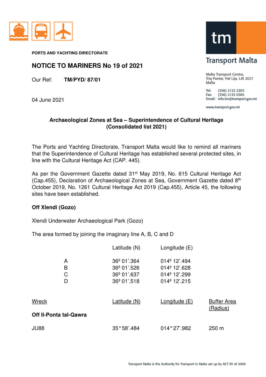 NOTICE to MARINERS No 19 of 2021